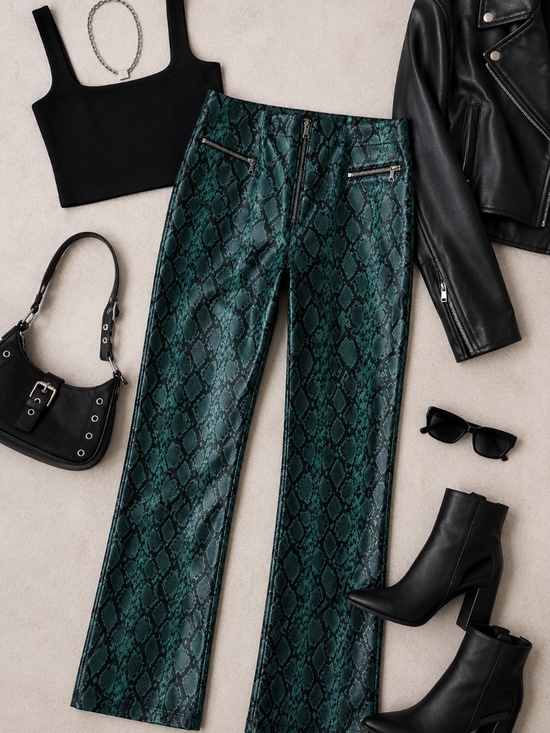 Tiger Mist Pants - Tiger Mist Snake Print Faux Leather Pants Teal Black Statement Pants
